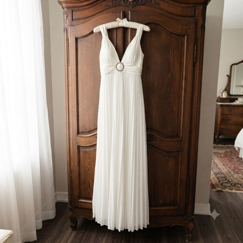 Y2K Taboo White Chiffon Maxi Dress Rhinestone Tie Back Detail Goddess Boho-Chic